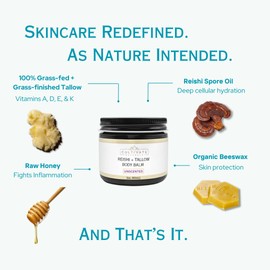 Reishi Tallow Body Balm - Unscented (2 oz) | Grass Fed Beef Tallow - Non-toxic, Organic, Paleo Friendly Skincare | Infused with Reishi Spore Extract | Moisturizing & Hydrating for Sensitive Skin