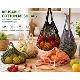 5-Pack Beige Cotton Reusable Mesh Shopping Bag 20cm