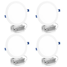 Meconard 4 Pack 8 Inch 5CCT LED Recessed Ceiling Light with Junction Box, 2700K/3000K/3500K/4000K/5000K Selectable Ultra-Thin Lighting, Dimmable 18W=125W, 1500LM, IC Rated Can-Killer Downlights, ETL