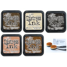 Tim Holtz Distress Ink Pads Set, 3x3 Inches, 5 Colors with 2 Carnora Brushes, Vintage Photo, Walnut Stain, Antique Linen, Tea Dye, Black Soot