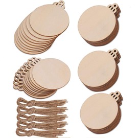 Svnntaa 50pcs DIY Wooden Christmas Ornaments Unfinished Predrilled Wood Blank Wooden Decorative for Crafts Centerpieces, Christmas Tree Hanging Decorations with 50 Pieces Strings
