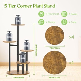 Oppro 5 Tier Plant Stands Indoor Outdoor, Tiered Metal Wood Corner Plant Shelf for Multiple Plants, Tall Flower Stand Holder Display Rack for Living Room Balcony Garden Patio (Round)