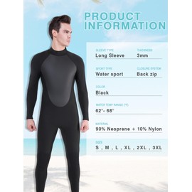 FLEXEL Full Body Black Wetsuit for Men and Women, 3mm CR Neoprene Back Zipper Surfing Suit Keep Warm in Cold Water Suitable for Snorkeling Diving Swimming