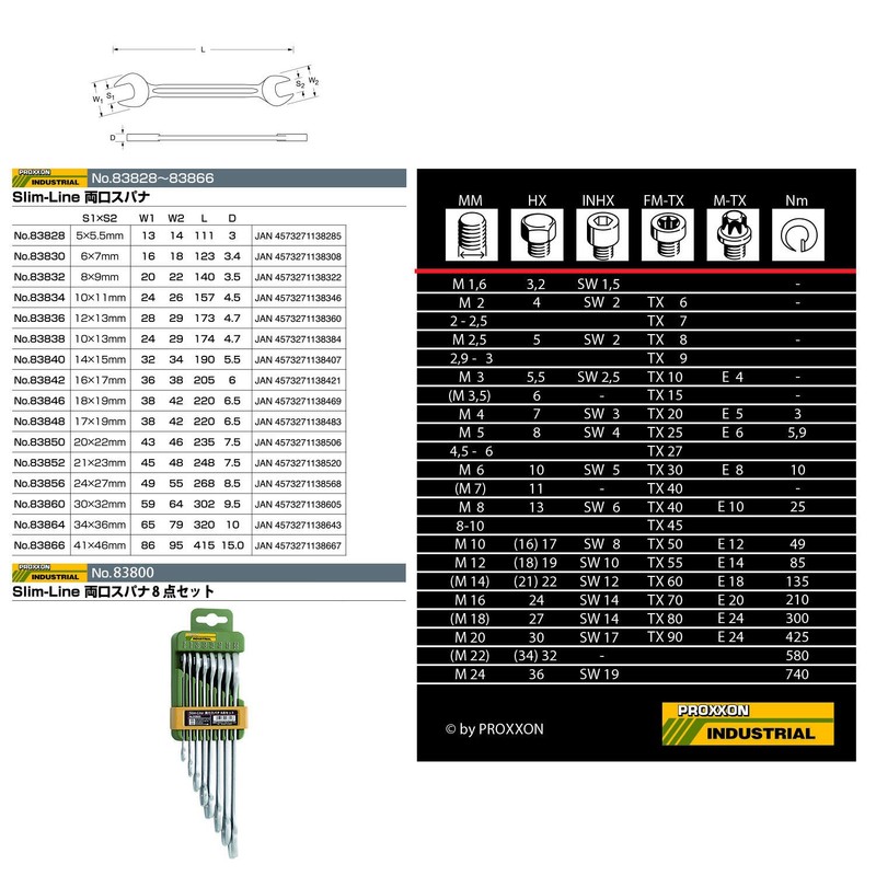 PROXXON Slim-Line No.83800 Double Ended Spanner, 8-Piece Set