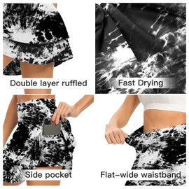 WOWENY Women's Active Skort Athletic Ruffle Pleated Tennis Skirt with Pocket for Running Golf Workout (2-Layer Tie Dye Black, XXL)