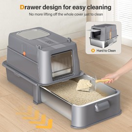 HEGGCOOE Enclosed Stainless Steel Cat Litter Box with Lid，XL Large Metal Cat Box with Drawer for Big Cats,Top Exit Kitty Litter Box Includes Scoop, Filter Pedal,Odor Control, Easy Cleaning