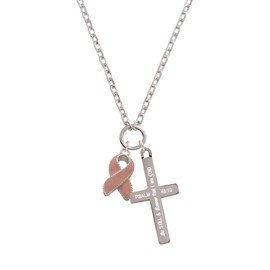 Delight Jewelry Silvertone Pink Ribbon with Stitching - Be Still and Know Engraved Cross Zoey Necklace, 28"