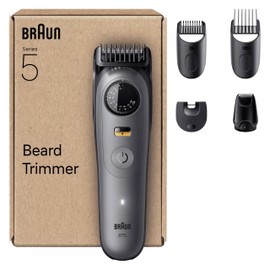 Braun Beard Trimmer Series 5, +5 Styling Tools, Ultra Sharp Blade, 120 Min Runtime, 40 Lengths, Waterproof, PrecisionWheel & Lock, BT5525, Grey
