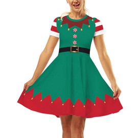 Ainuno Ugly Christmas Dresses for Women Green Xmas Dress Woman Funny Elf Costume Elf with Bells S