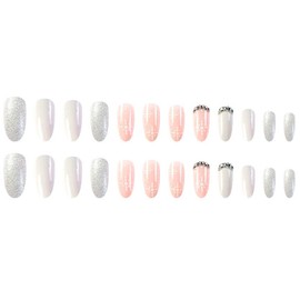 Juneyemo 24 Pcs Christmas Press on Nails Short Square False Nails Snowflake Sparkling Sequins with Designs Fake Nails Almond Shaped Ballerina Acrylic Nails (L, Short)