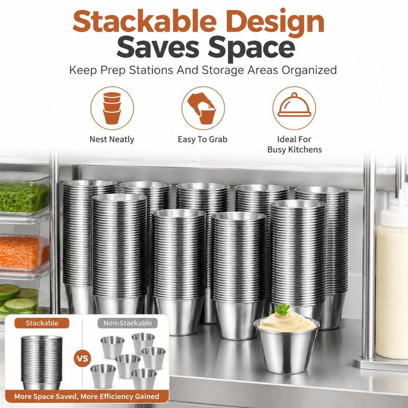 NIMBLOOM 300 Pack Stainless Steel Sauce Cups, 2.5 oz Stackable