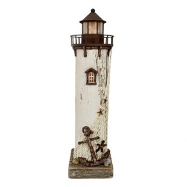 Morning View Lighthouse Decor Nautical Decoration Lighted Wood Light House Figurine Beach House Coastal Decor Table Ocean Seaside Theme Home Decor Lake House Bathroom Shelf Centerpiece 14.75"