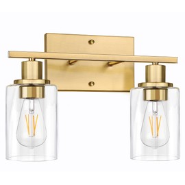 ShineTech 2-Light Gold Bathroom Vanity Light Fixtures, Modern Wall Lighting with Clear Glass, Brushed Brass Wall Sconce Lighting, Porch Wall Lamp for Mirror, Living Room, Bedroom, Kitchen, E26 Base