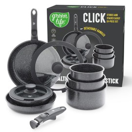 GreenLife 10 Piece Nonstick Pots & Pans Set, Detachable Handle & Stackable Cookware Set, Non Toxic PFAS-Free Skillets, Induction Kitchen Pans, Space Saving, Serving Bowls, Oven Safe, Granite Black