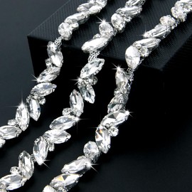 1 Yard Rhinestone Chain, 10MM Bling Rhinestone Chain Trim, Leaf Shape Crystal Chain for Wedding Bouquet, Bridal Costume Embellishment, Party Decor, DIY Craft(Silver)