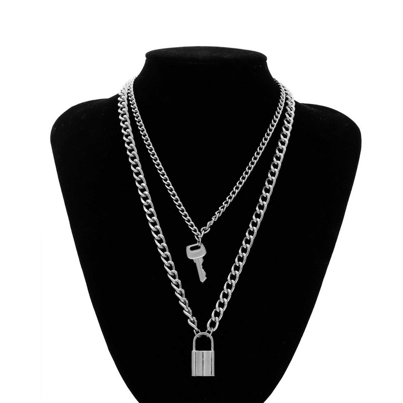 Tanyoyo Lock Key Pendant Necklace Statement Long Chain Punk Multilayer