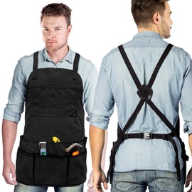 Under NY Sky Tool Apron - 20 Pockets and Slots, Cross-Back, Heavy-Duty Waxed Canvas - Woodwork, Garden, Shop (Black Cross-Back)