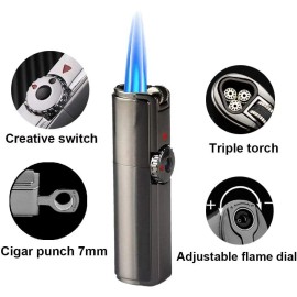 JOBON Retro Flint Ignite Triple Torch Windproof Lighter/Cigar Punch - Silver