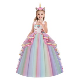 HOIZOSG Girls Unicorn Birthday Costume Princess Tulle Dress Sleeveless Christmas Party Wedding Pageant Ball Gown w/Headband Multicoloured 6-7T