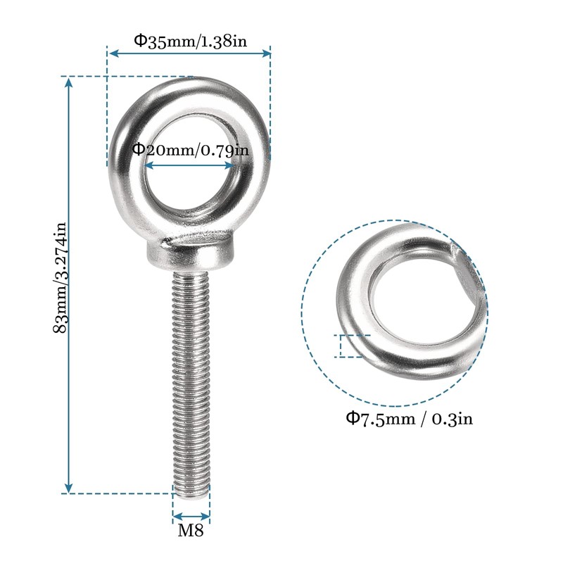 QUARKZMAN Pack of 2 M8 x 50 mm Eye Bolts