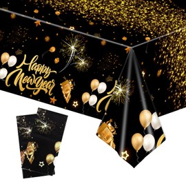 Happy New Year Table Cloth 2PCS New Years Eve Decorations 2025 New Years Eve Table Cloth Black and Gold Rectangle Plastic PVC Disposable Happy New Year Table Cover 274 x 137 CM