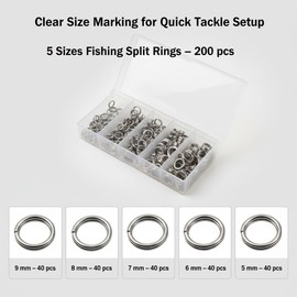 OUGOTHZ 200Pcs Fishing Split Rings, Stainless Steel Lure Connector Rings in 5 Sizes, High-Strength Double Loop Rings for Lures, Hooks, Saltwater and Freshwater Fishing, Storage Box Included