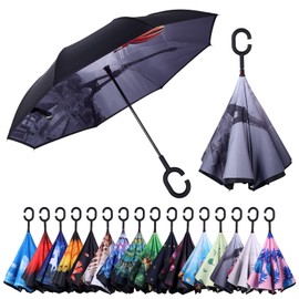 Wxjiahetai Inverted Umbrella, Windproof Reverse Umbrellas for Rain with Reversible Inside-Out Design Large Upside Down Umbrella for Women & Men with C-shaped Handle (Eiffel Tower)