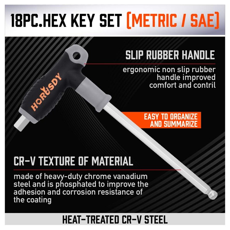 HORUSDY 18-Piece T-Handle allen wrench set, Inch/Metric Long Arm Ball