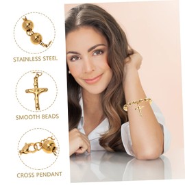 ABOOFAN 2pcs Stainless Steel Retro Buddhist Bead Bracelet Cross Rosary Wrist Chain Fashionable Ladies Girls Jewellery