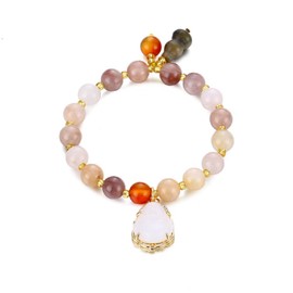 COLORFUL BLING Lucky Laughing Buddha Charm Pendant Strand Bracelet Jade Natural Stone Beaded Cubic Zirconia Elastic Stretch Bangle for Women Men Gemstone Amulet Protection Jewelry-White