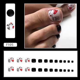 Artificial Acrylic Fake Nails for Toe, Press on Toenails Coffin with Heart Designs, Full Cover Reusable False Nails with Glue, Glue on Nails with Charm, Stick on Toe Nails for Women (F105)