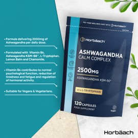Ashwagandha Komplex 2500mg mit L-Tryptophan, Vitamin B6, Kamille Extrakt, Zitronenmelisse Extrakt und mehr! | 2000mg Ashwagandha KSM-66 pro portion | 120 Kapseln Hochdosiert | Horbaach