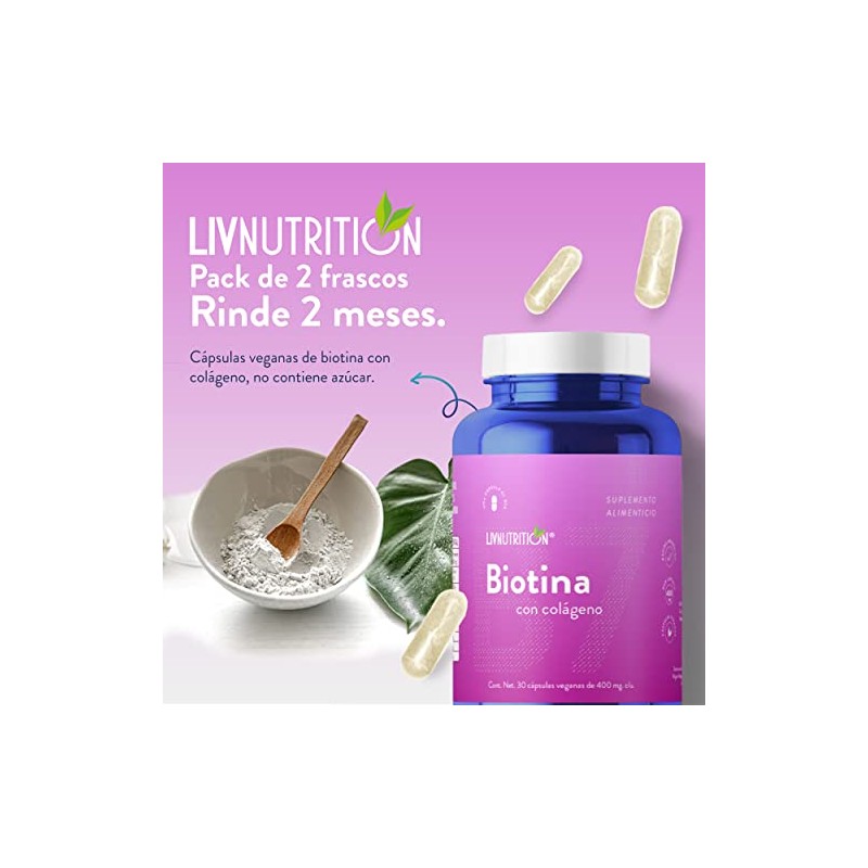 Liv Nutrition Biotina Colágeno 400 Cápsulas Veganas Gluten Azúcar Pack