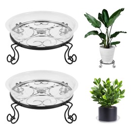 KKONHII 2 Pack 9" Rustproof Black Metal Plant Stands with 2 Clear Water Tray, Heavy Duty Plants Holder for Outdoor Indoor, Round Wrought Iron Flower Planter Pot Stand, Corner Gardening Pumpkin Stand