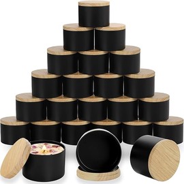 ABK 24PCS 4oz Black Candle Tins With Wood Grain Lids, Matte Jars for Candle Making, Empty Metal Container