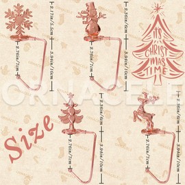 ORNACELE Set of 4 Christmas Stocking Holder, Snowman, Reindeer, Christmas Tree & Snowflake Anti-Skid Metal Hanger Clip, Adjustable Multi-Use Stocking Hooks for Christmas Party Decorations (Rose Gold)