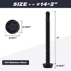 #14 x 2 (40 pcs) Black Hex Washer Head Self Drilling Screws, 410 Stainless Steel Sheet Metal Tek Screws, Black Oxide Finish Fast Self Tapping, (Screwdriver Bit Included)