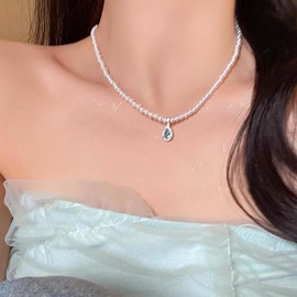 Inilbran Boho Pearl Choker Necklace Blue Sapphire Crystal Necklace Vintage Imitation Pearl Necklace Choker Round Station Pearl Necklace Jewelry for Women and Girls