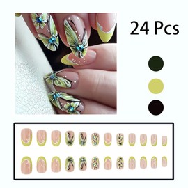 24 Pcs French Tip Press on Nails Medium Almond Butterfly Fake Nails with Rhinestones Design Spring Summer Yellow Butterflies False Nails Glue on Nails Full Cover French Acrylic Nails for Women Girl