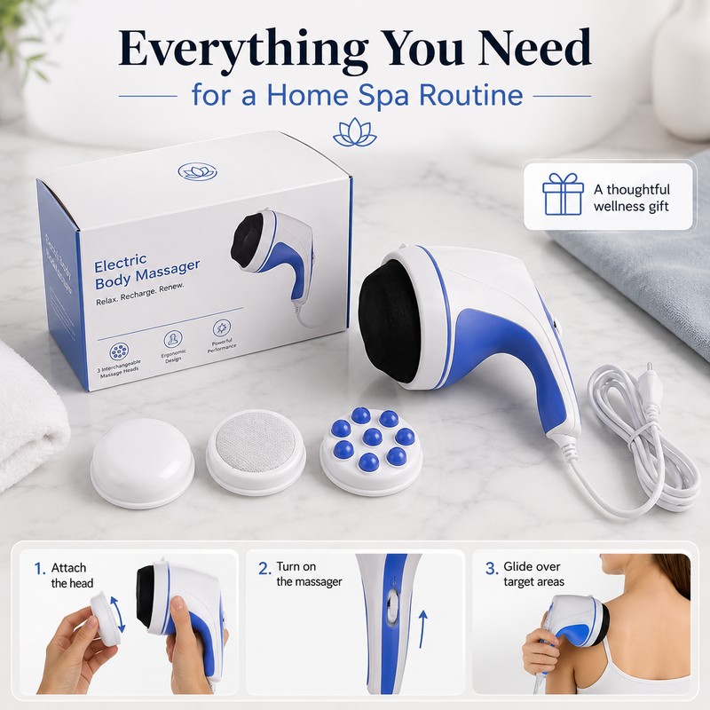 Handheld Body Massager for Relaxation – 4 Interchangeable Heads with