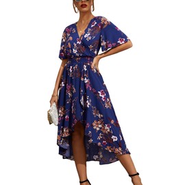 Kormei Women Short Sleeve V Neck Floral High Low Flowy Summer Party Long Maxi Dress L Blue&Purple