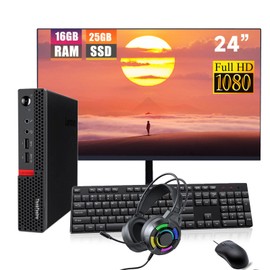 Lenovo ThinkCentre M910q Tiny Desktop Computer Mini PC, 24" FHD Monitor, RGB Headphone, Core i5-6500 3.2GHz up to 3.6GHz,16GB DDR4 RAM, 256GB SSD, Keyboard and Mouse,Windows 10 Pro (Renewed)