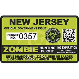New Jersey Zombie Hunting Permit - Hunter Response Team Unit 4" Outbreak Sticker