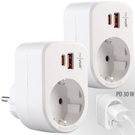 revolt Surface-Mounted Sockets, Schuko: Set of 2 3-in-1 Sockets, USB-C PD 30 W, USB-A with QC 3.0 30 W, 230 Volt (USB Fast Charger Multiple, USB Multiple Adapter)