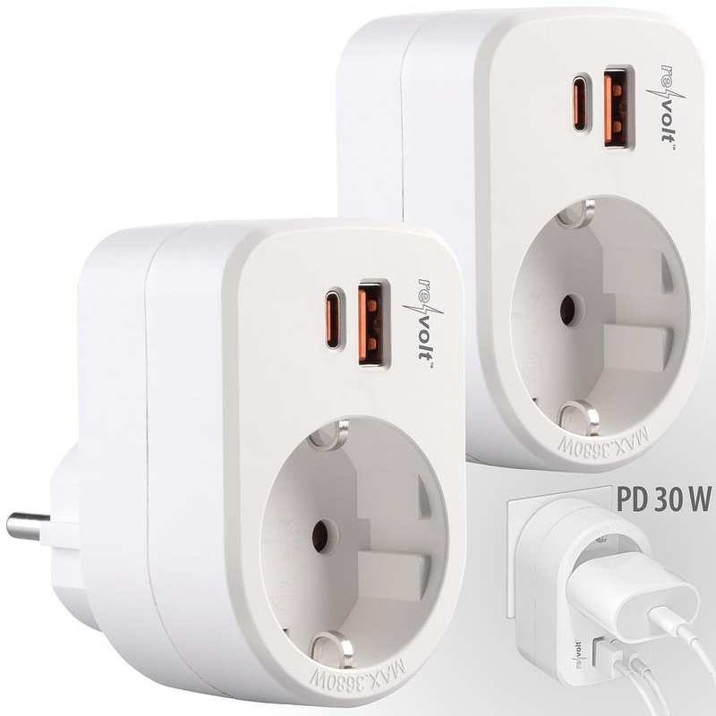 revolt Surface-Mounted Sockets, Schuko: Set of 2 3-in-1 Sockets, USB-C