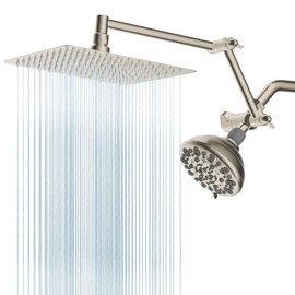 All Metal Shower Head, 10" High Pressure Dual Rainfall/Handheld Shower Head Combo with 16" Adjustable Shower Extension Arm, 7 Spray Modes Fixed Showerhead, 3-Way Diverter Valve, Brushed Nickel