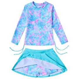 Funnycokid Girls Rash Guard Bathing Suit Swimsuits Swimming 2 Pieces Skirt Blue Tie dye Shorts Long Sleeve Swimwear 5-6 Years