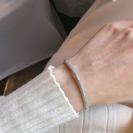 WOWORAMA Silver Bangle Bracelet for Women Skinny Cubic Zirconia Bar Friendship Bracelet Dainty Adjustable Slider Bracelet for Women Bridal, White Gold