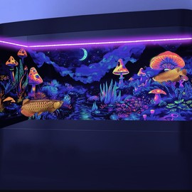 Dtekoj 60X24IN Blacklight Mushroom Flower Black Light Aquarium Background, UV Fish Tank Background Moonlight Mountain Forest Landscape Terrarium Background with 10 EVA Double-Sided Tape
