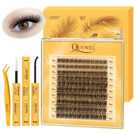 QUEWEL Eyelash Extensions, 120 Pieces, Natural Individual Eyelashes, Delicate Lash Extension Set 10-16 mm, Cluster Lashes with Eyelash Glue and Tweezers, Easy DIY at Home (Feather 03)